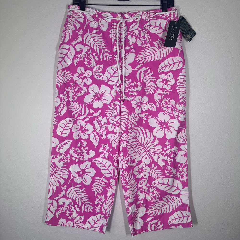 Ralph Lauren Rope Belted Crop Casual wide leg pink Hawaiian floral Women's sz 10